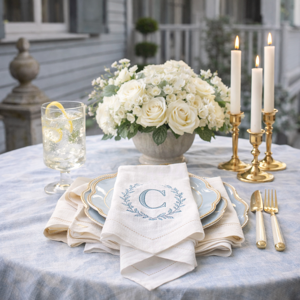 Table on an outdoor porch with a light boot tablecloth, floral arrangement of white peonies and a folded embroidered napkin