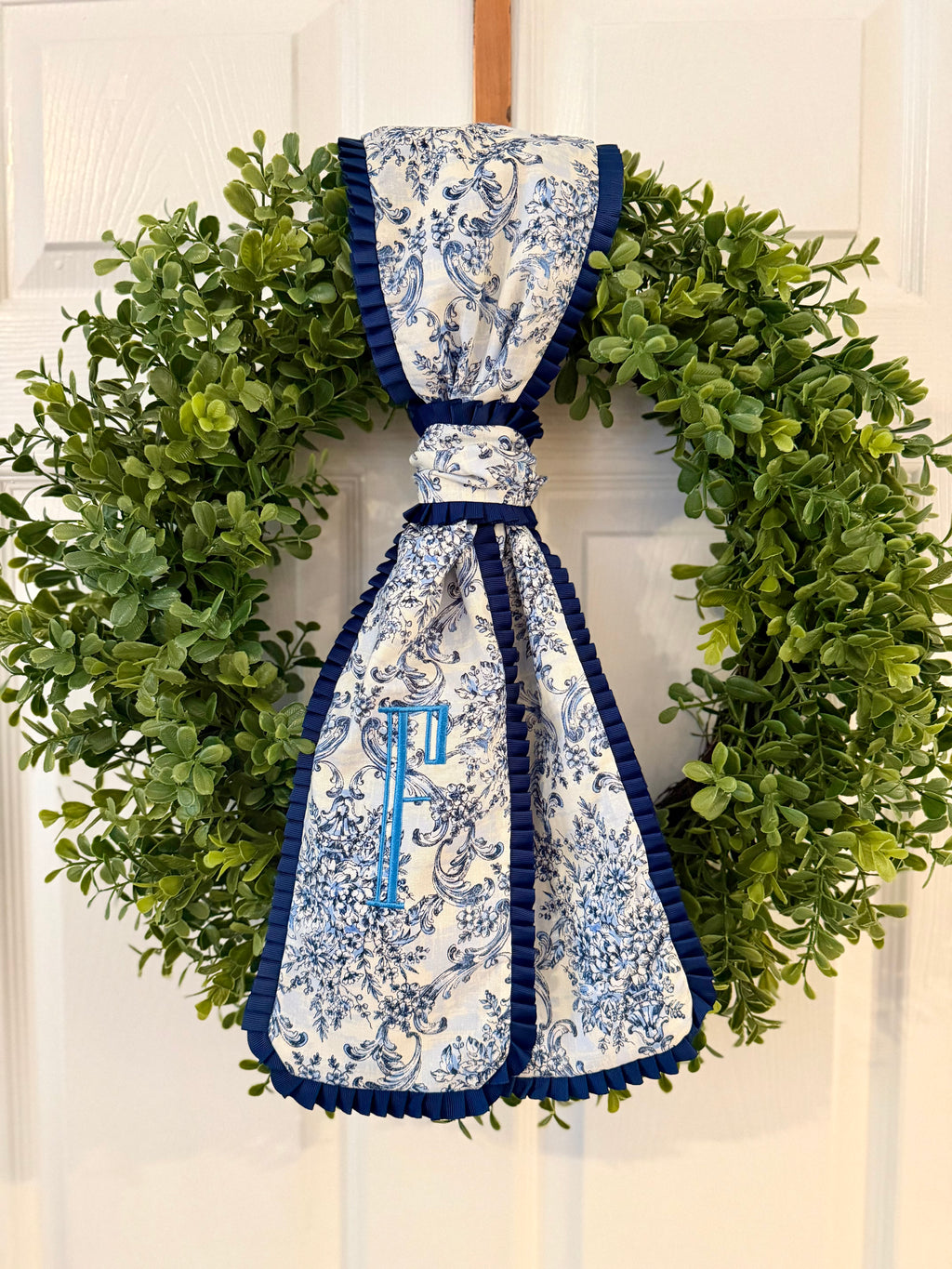 Blue Toile Monogramed Wreath Sash