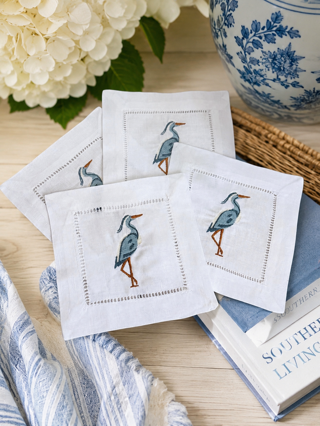 Great Blue Heron Hemstitch Cocktail Napkin Set