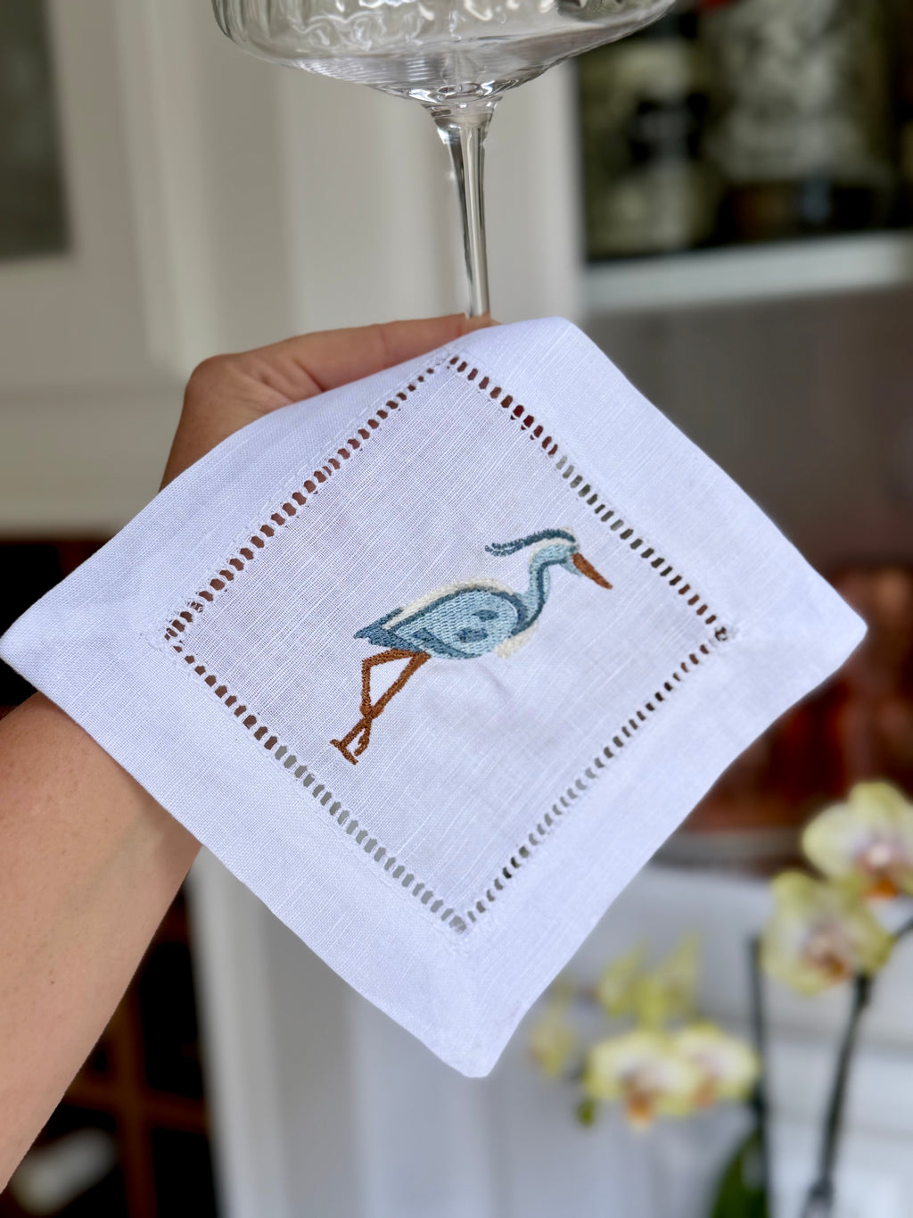 Great Blue Heron Hemstitch Cocktail Napkin Set
