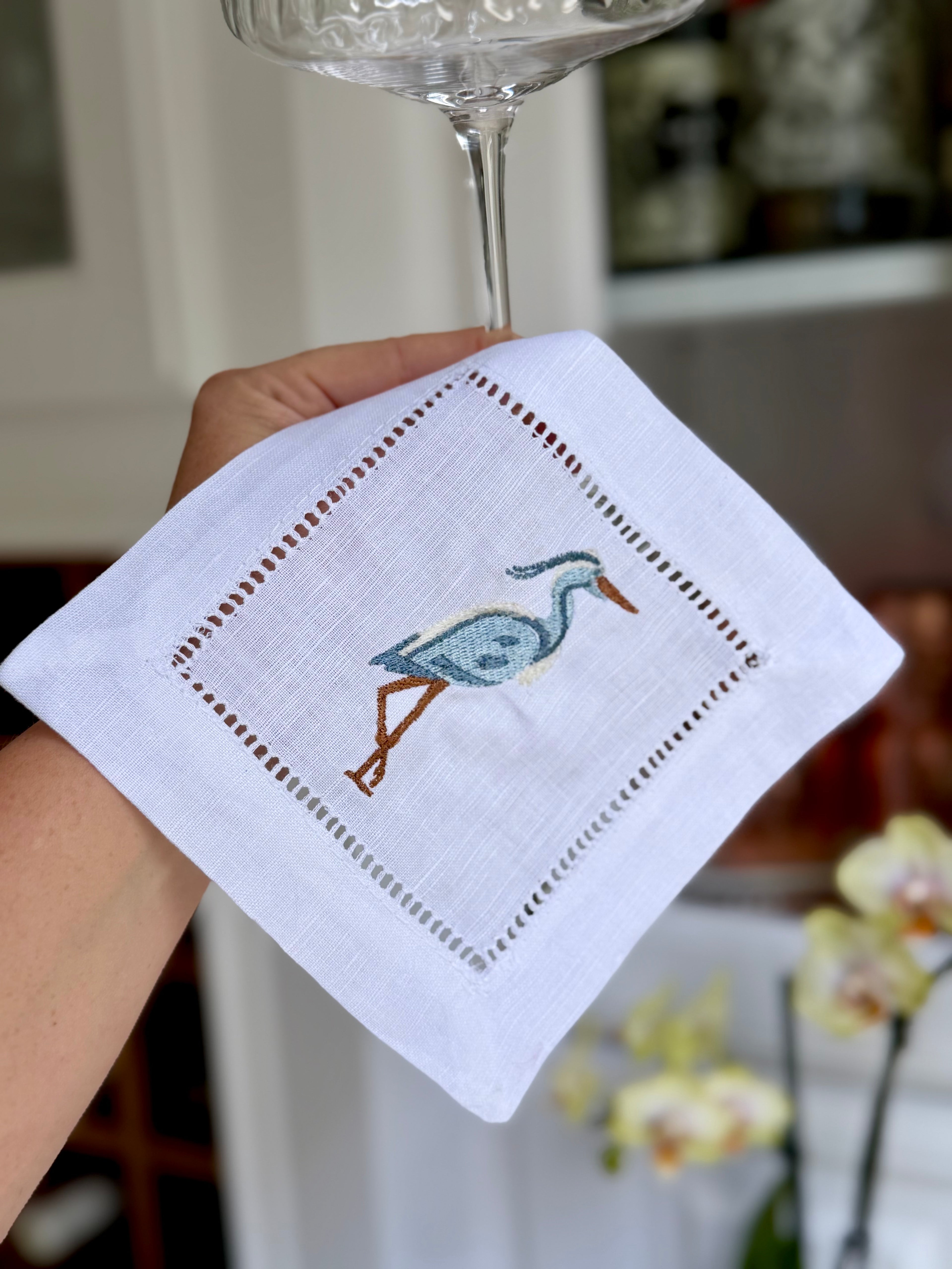 Great Blue Heron Hemstitch Cocktail Napkin Set