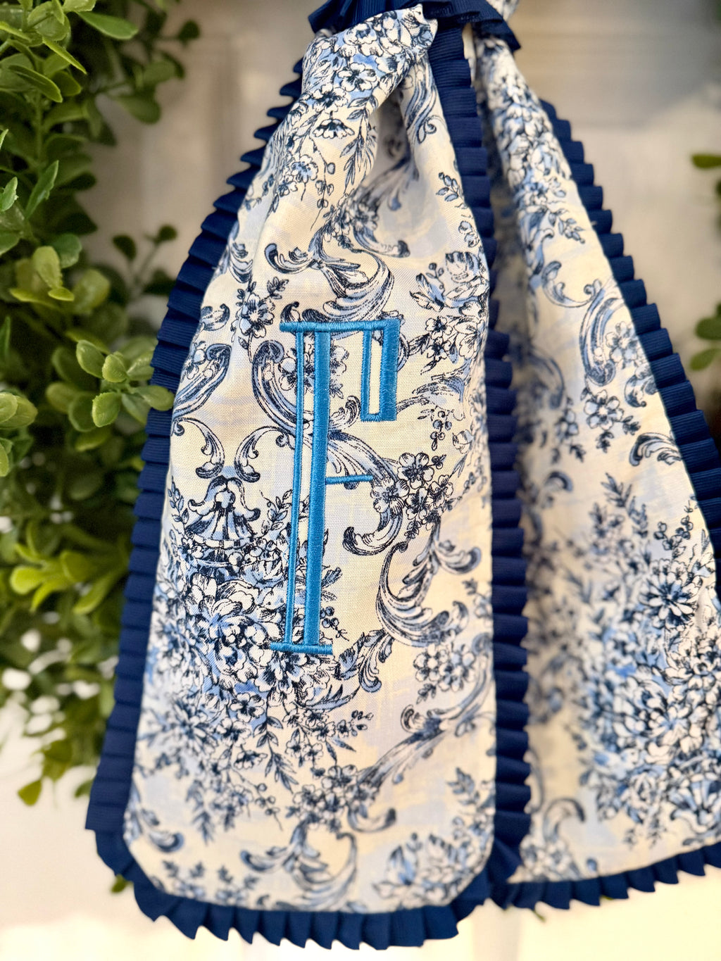 Blue Toile Monogramed Wreath Sash