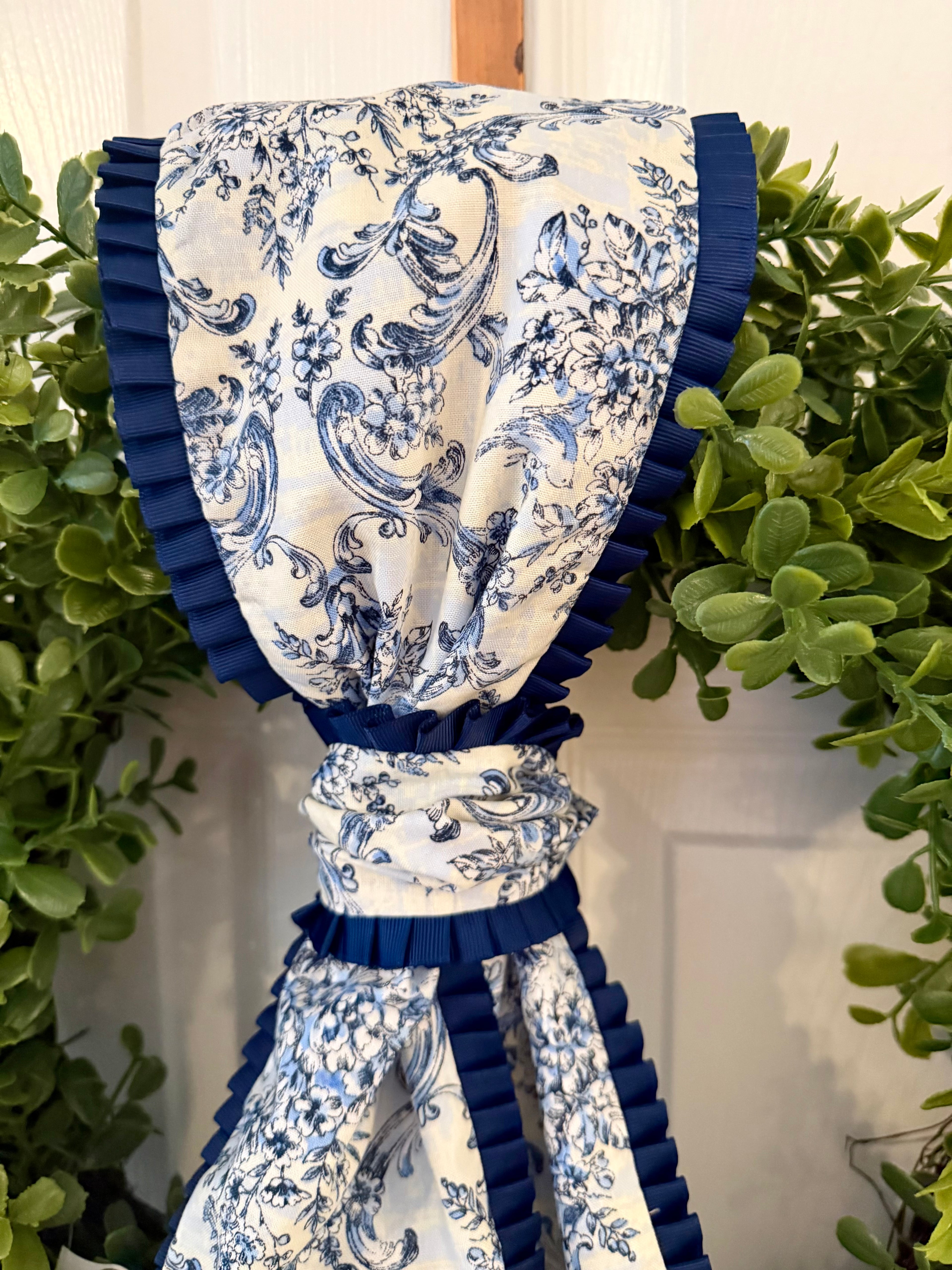 Blue Toile Monogramed Wreath Sash