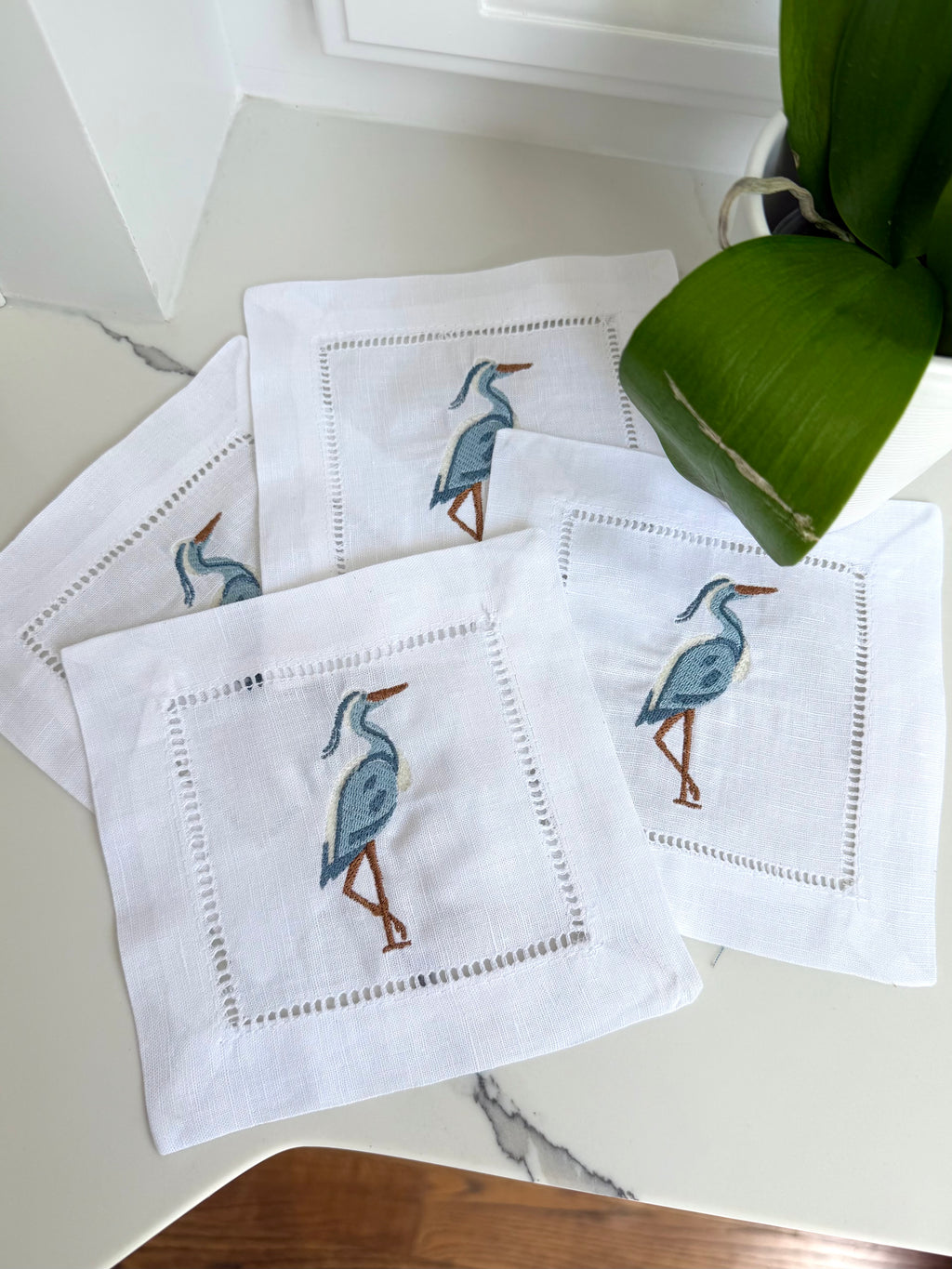 Great Blue Heron Hemstitch Cocktail Napkin Set