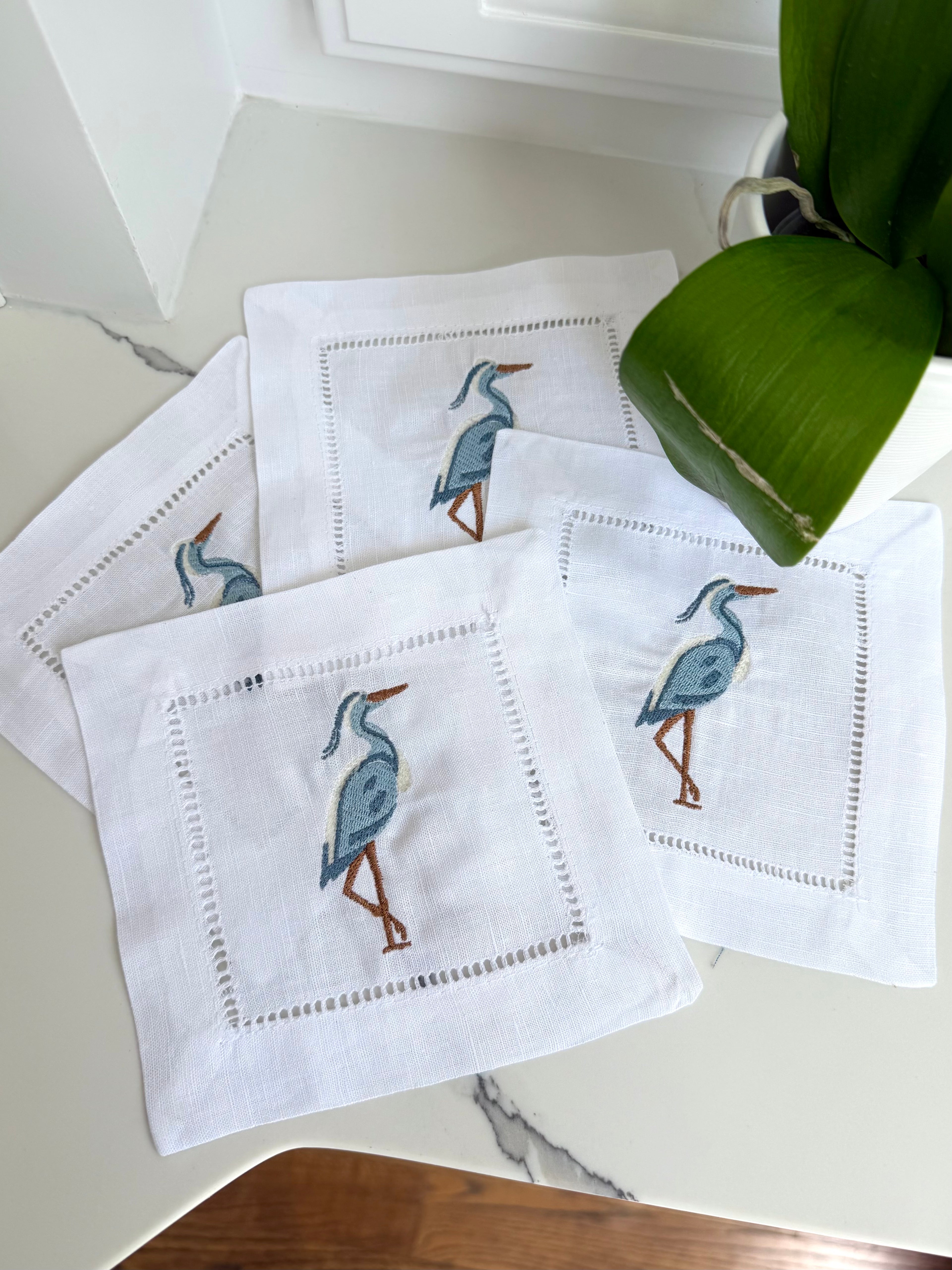 Great Blue Heron Hemstitch Cocktail Napkin Set