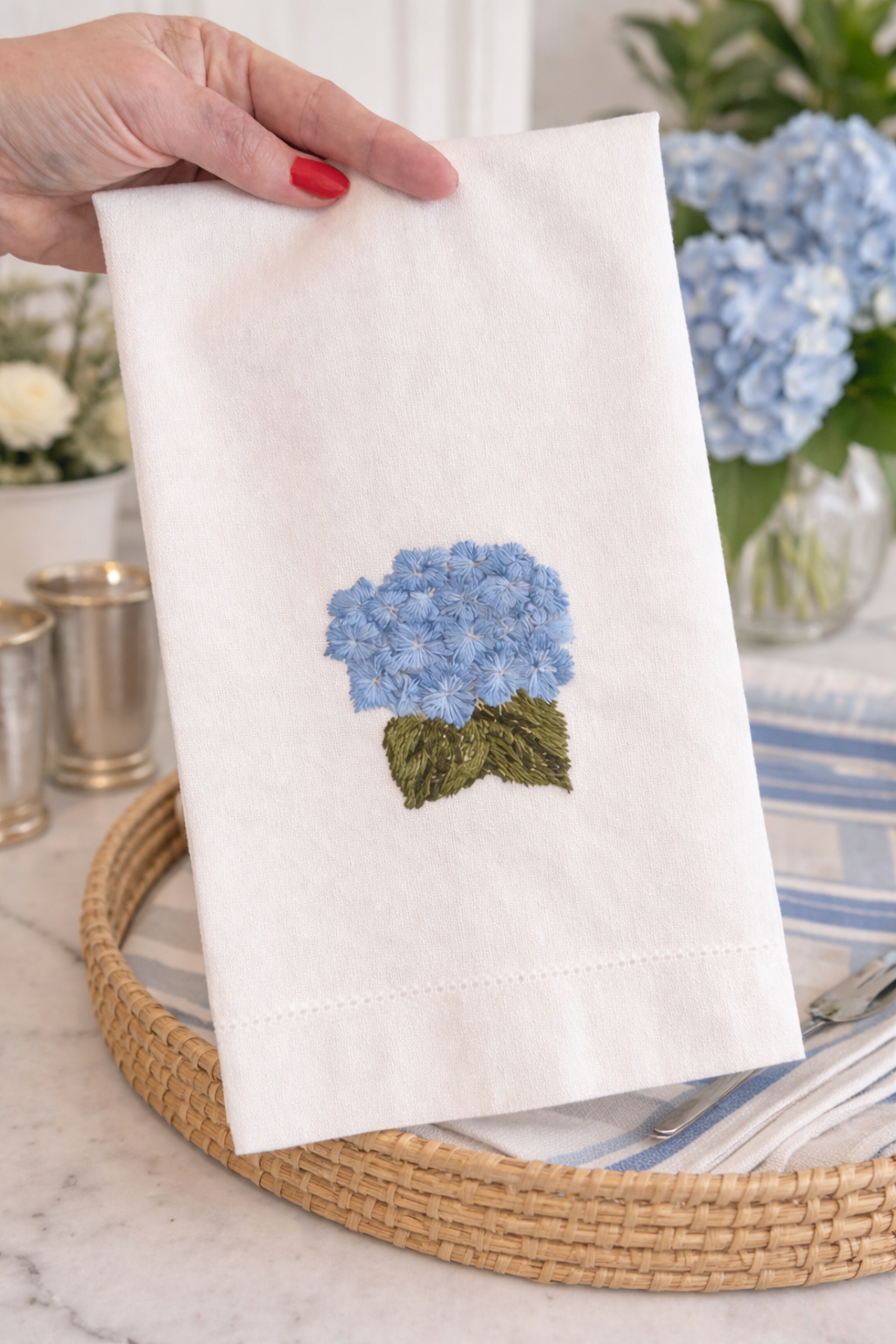 Hydrangea Embroidered Kitchen Towel